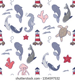 Vector illustration of the sea animals and others. Beautiful sea colors palette