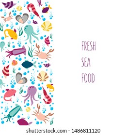 Vector illustration of sea animals for seafood restaurant or café banner, poster, clothes, logo, advertisement design. Pattern for template, signage, billboard, printing, booklet, package, menu design