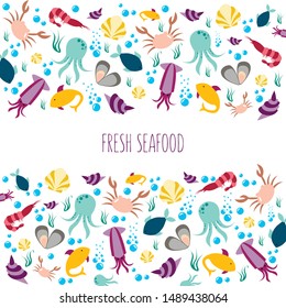 Vector illustration of sea animals for seafood restaurant or café banner, poster, clothes, logo, advertisement design. Pattern for template, signage, billboard, printing, booklet, package, menu design