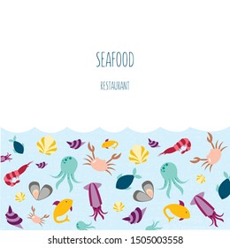 Vector illustration of sea animals for seafood restaurant or café banner, poster, clothes, logo, advertisement design. Pattern for template, signage, billboard, printing, booklet, package, menu design