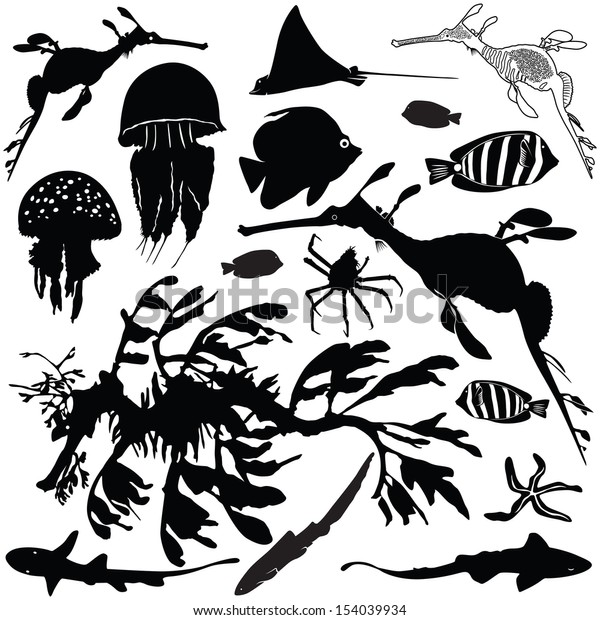 Vector Illustration Sea Animals Silhouettes Set: vetor stock (livre de ...