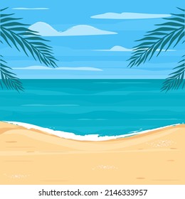 Vector illustration Sea background. Beach vacation, travel concept. Summer. Sea coast. Marine. Sand. Palm