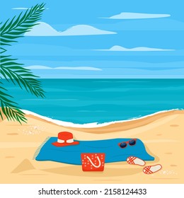 Vector illustration Sea background. Beach vacation, travel concept. Summer. Sea coast. Beach towel, flip-flops, hat, bag, sunglasses. Marine. Sand.