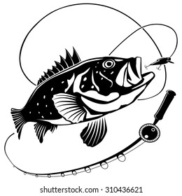 Vector illustration of sea bass fish and fishing rod. Vector illustration can be used for creating logos and emblems for fishing clubs, prints, web and other crafts.
