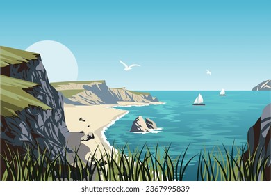 Vector illustration. Sea bay. Horizontal background. Biological diversity in nature, background for a book, book illustration.