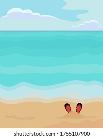 Vector illustration of sea, beach and flip flops in the sand. Beautiful summer beach background for your design