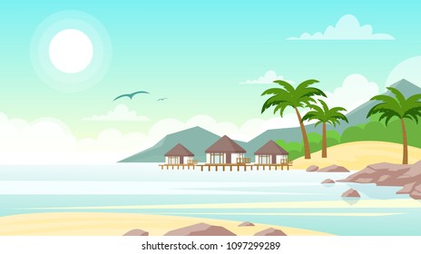 Vector illustration of sea beach with hotel. Beautiful small villas on the ocean seaside. Summer landscape, vacation concept in flat style.