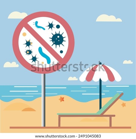 vector illustration, sea beach with no swimming sign due to bacteria pollution.