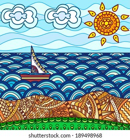 vector illustration of sea beach with ship (hand-draw doodles)
