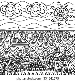 vector illustration of sea beach with ship (hand-draw doodles). Coloring book page design. 
