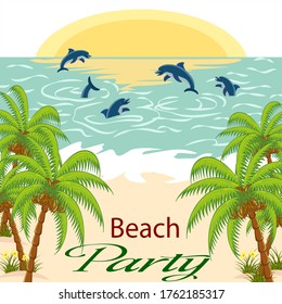 Ilustración vectorial de una playa de mar.Palmeras, playa y delfines en el mar en ilustración de vector de color.