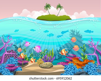 vector illustration of the sea. beautiful and full color fish, coral and algae in deep sea.