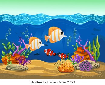 vector illustration of the sea. beauty fish and coral