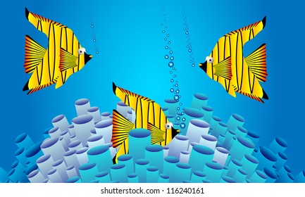 Vector illustration of the sea bottom: corals and fish