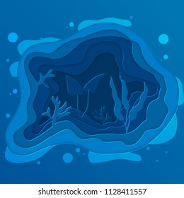 Vector illustration of sea bottom with waves. Paper cut deep style vector. Deep blue marine life, diving concept. Ocean wildlife