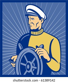 vector illustration of sea captain at the helm with steering wheel