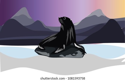 Vector Illustration of the Sea Cat on the Background of the Mountains