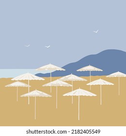 Vector illustration of sea coast and beach umbrellasHand-drawn illustration in a naive style.