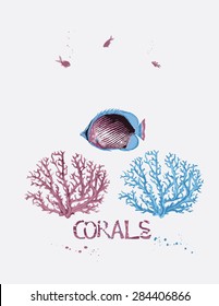 Vector illustration of sea corals and tropical fish