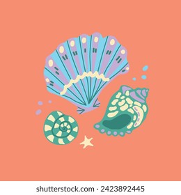 Vector illustration with sea creatures. Shell, starfish and pearl. Hand drawn cartoon style on a bright colored background. A set of isolated elements for decorating cards, souvenirs.