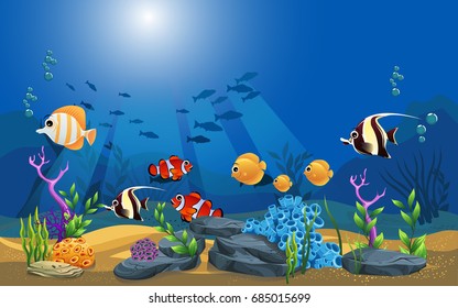 vector illustration of the sea. discus fish and clown fish in the sea. algae, fish and coral in the sea