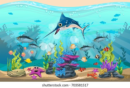 vector illustration of the sea. discus fish and clown fish in the sea. algae, fish and coral in the sea