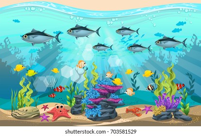 vector illustration of the sea. discus fish and clown fish in the sea. algae, fish and coral in the sea