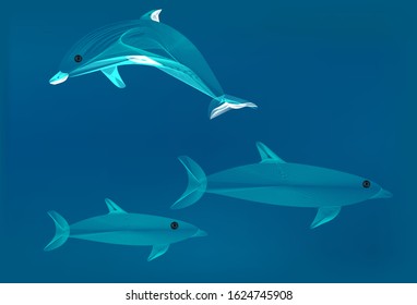 Vector illustration of the sea with dolphins. Background, Wallpaper, decoration.