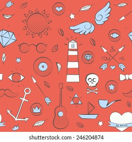 Vector illustration of sea doodle hipster seamless pattern. Hand drawn red background.