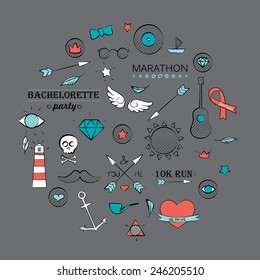 Vector illustration of sea doodle hipster set over brown. Hand drawn background.