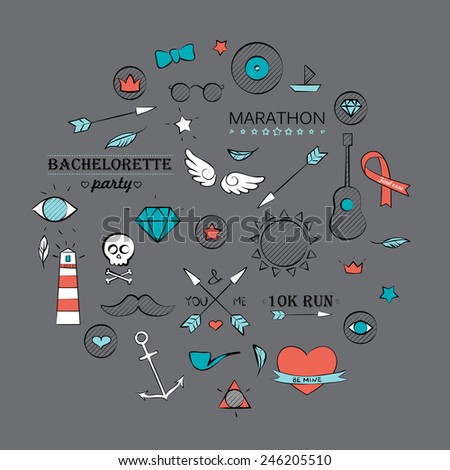 Vector illustration of sea doodle hipster set over brown. Hand drawn background.