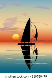 Vector illustration of sea dusk with a sailboat over sun