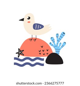 Vector illustration with sea elements. Seagull and sea. Illustrations for nursery decor, prints and posters