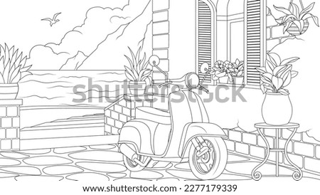 Vector illustration, sea embankment with a parked scooter near the house, coloring book.