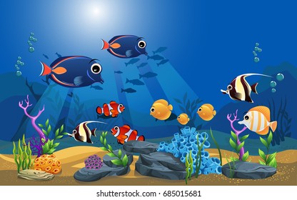 vector illustration of the sea. fish in deep sea. algae, fish and coral in the sea