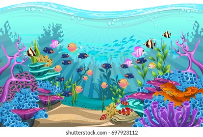 vector illustration of the sea. fish in deep sea. beautiful algae, fish and coral in the sea