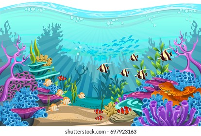 vector illustration of the sea. fish in deep sea. beautiful algae, fish and coral in the sea