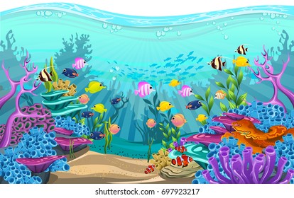 vector illustration of the sea. fish in deep sea. beautiful algae, fish and coral in the sea