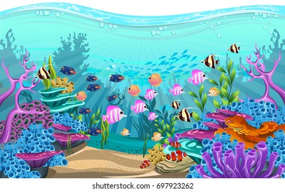 vector illustration of the sea. fish in deep sea. beautiful algae, fish and coral in the sea