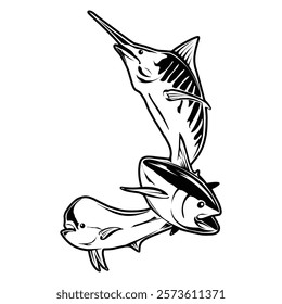 vector illustration of sea fish, marlin, mahi, tuna line drawing style, design element