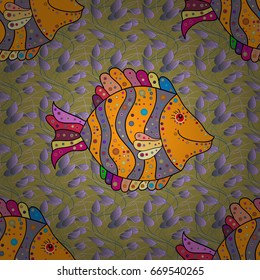 Vector illustration. Sea fish on colored background. Pattern with fish.