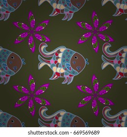 Vector illustration. Sea fish on colored background. Vector background with fishes and flower petals, seamless pattern.