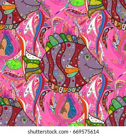 Vector illustration. Sea fish on colored background. Pattern with fish.