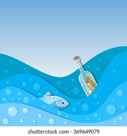 Vector illustration. Sea, floating bottle, and a fish on the waves.