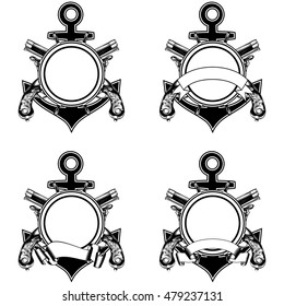 Vector illustration sea frame. Anchor, steering wheel and crossed old flintlock pistols symbol.