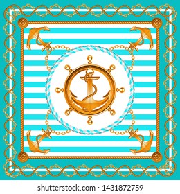 Vector illustration sea frame. Seamless pattern anchors with chains. Backgrounds of marine theme. 