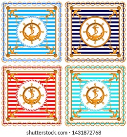 Vector illustration sea frame. Seamless pattern anchors with chains. Backgrounds of marine theme. 