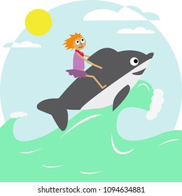 Vector illustration of sea with girl and dolphin