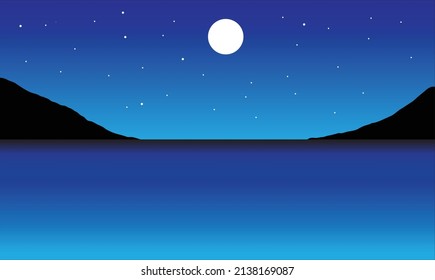 Vector illustration of the sea and hills at night