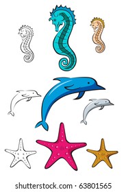 Vector illustration of sea horse, dolphin and star fish